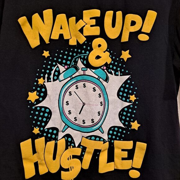 Wake Up! & Hustle! black t-shirt 100% cotton clock unisex size M retro 80s style - Picture 4 of 4